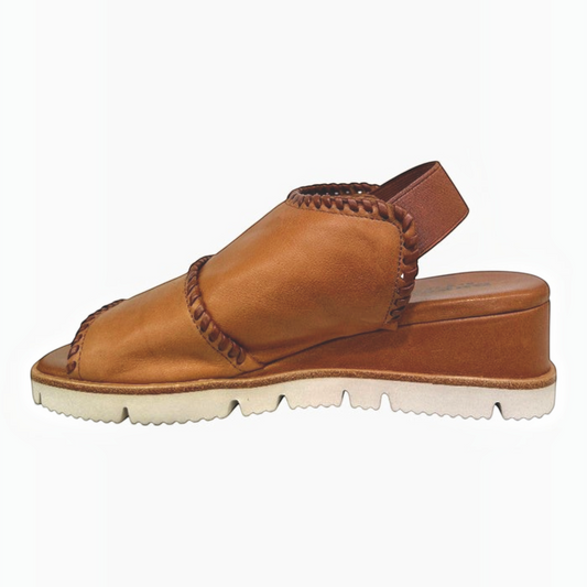 The Shoe Shop Sigma tan leather wedge sandal with contrast whipstitch detail and elasticated slingback strap