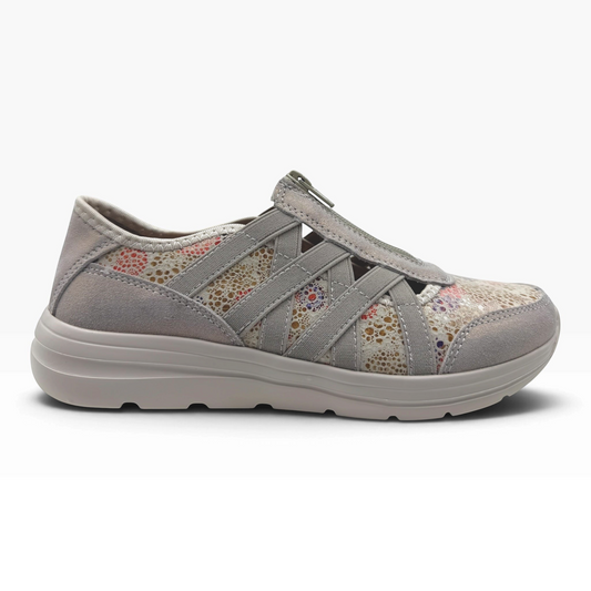 The Shoe Shop Callum casual flat in grey suede with floral textile detailing and an elasticated cross-strap design.