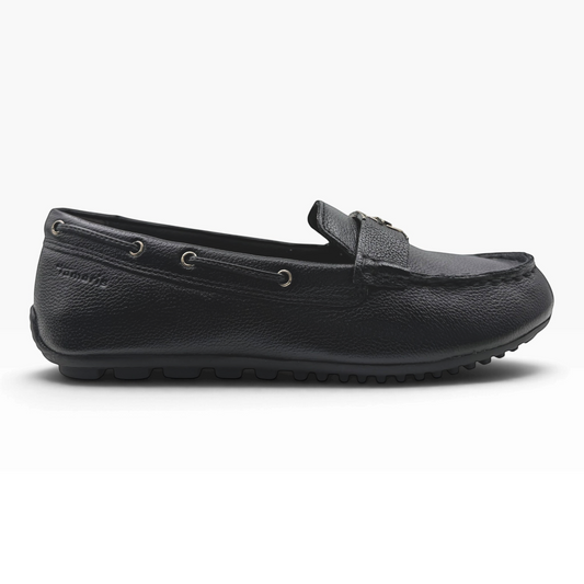 The Shoe Shop 24630 black leather loafer with gold-tone hardware and a flexible rubber driving sole.