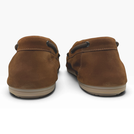 The Shoe Shop Fen brown nubuck leather boat shoes, back view showing rawhide lacing and lightweight rubber soles.
