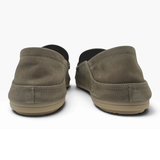 Rear view of The Shoe Shop Flint nubuck leather penny loafers in taupe with flexible gum rubber soles