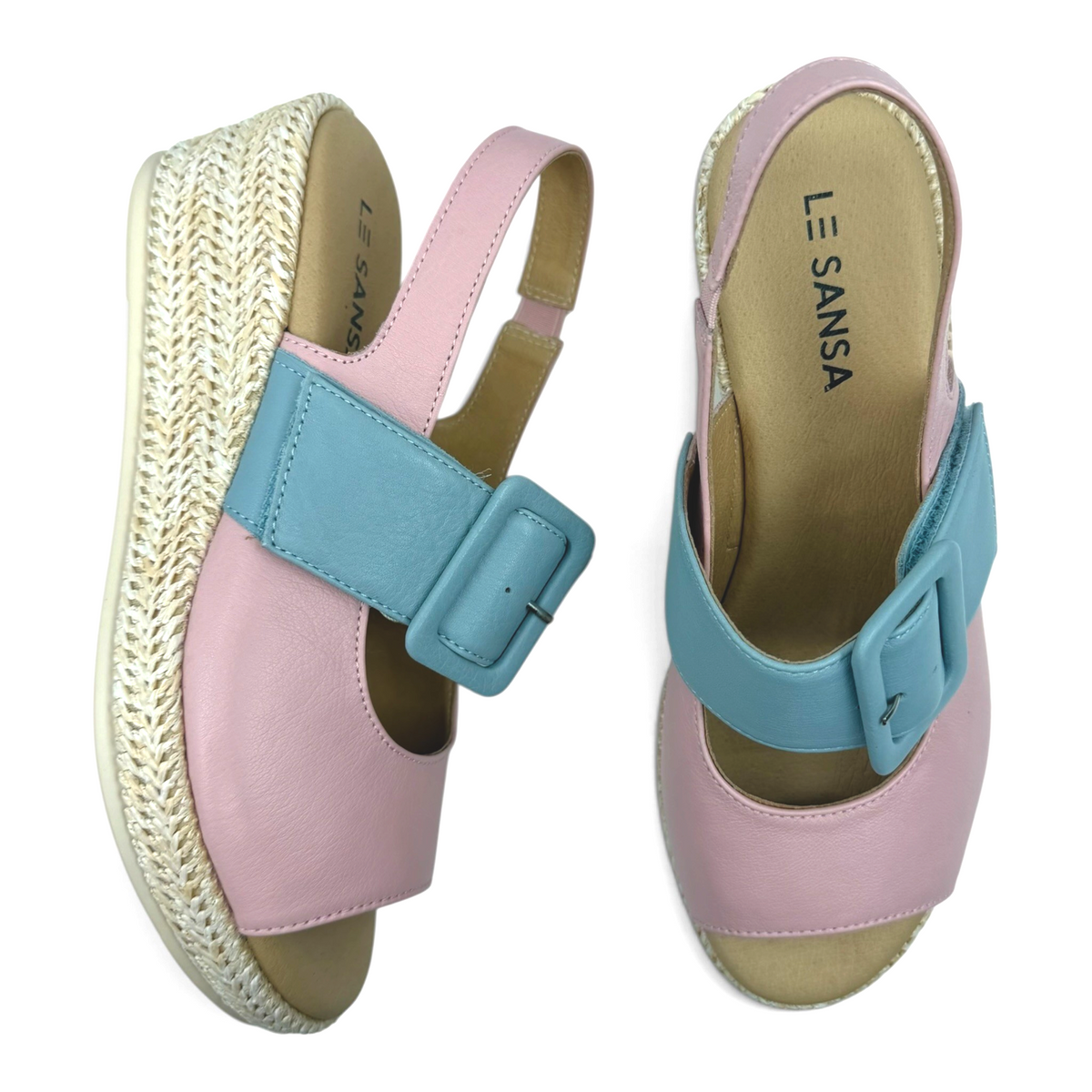 The Shoe Shop Parola two-tone pink and blue leather wedge sandals with a raffia-covered heel and adjustable strap.