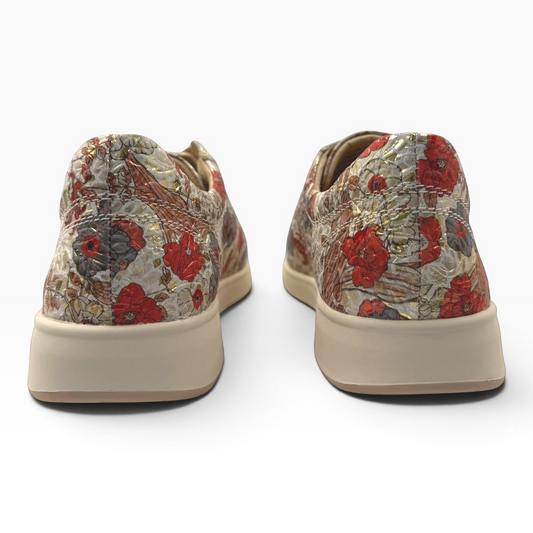 The Shoe Shop Ziera Aito sneaker in cream textured leather with a vivid red floral print and cushioned beige sole.