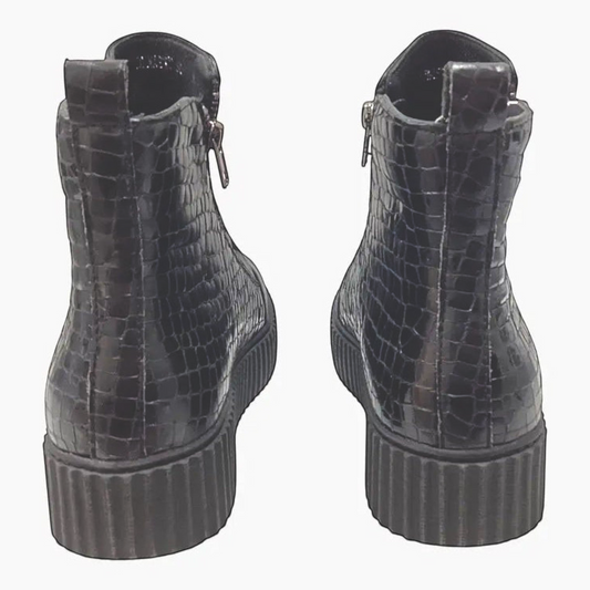 The Shoe Shop Alfie & Evie Dynasty black leather ankle boots with croc-embossed texture and flatform soles, rear view.