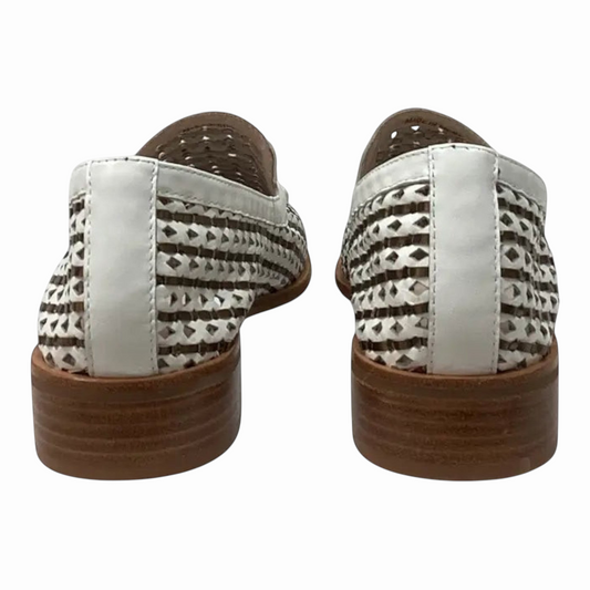 The Shoe Shop Apples white and brown woven leather loafers, back view showing stacked wooden heels.