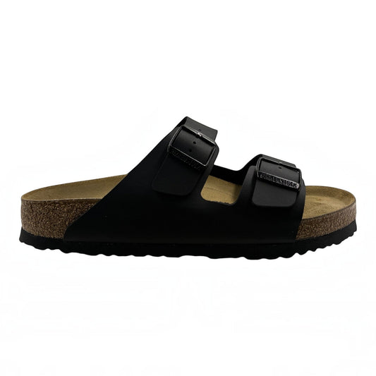 The Shoe Shop Arizona Birko-Flor black two-strap sandal with cork-latex footbed and adjustable metal buckles