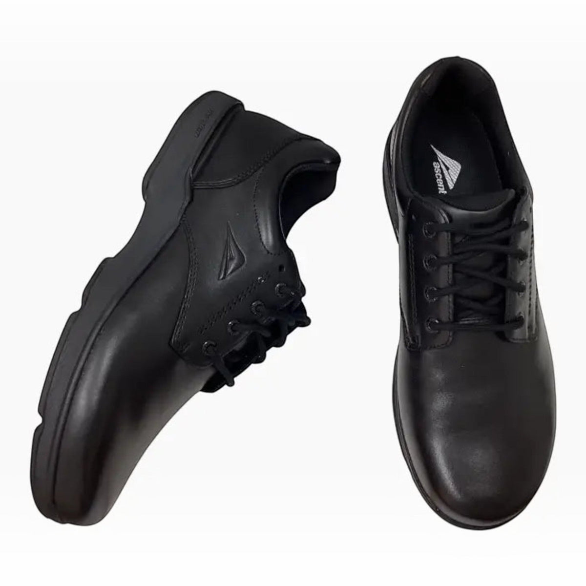 The Shoe Shop Ascent Apex Senior D black leather school shoes with durable rubber outsoles and arch support.