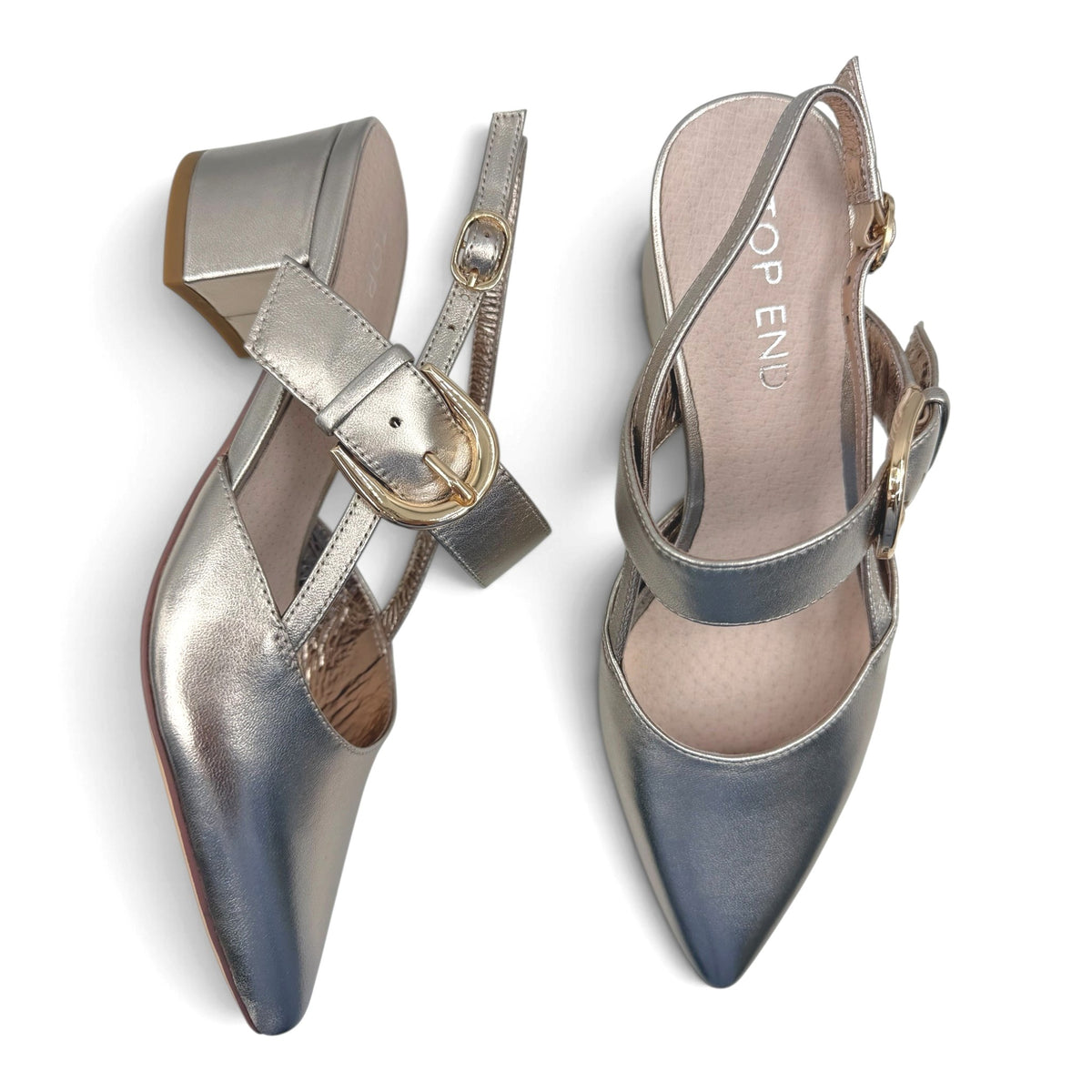 The Shoe Shop Asten metallic silver leather pointed toe heels with a 4.5cm block heel and adjustable ankle strap.