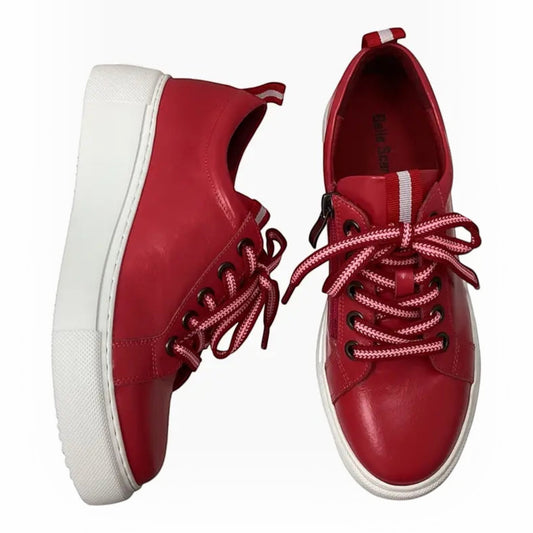 The Shoe Shop Belle Scarpe Romney red leather sneakers with side zip, striped laces, and white platform soles.