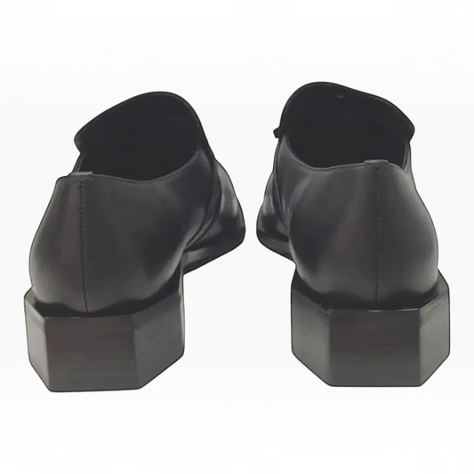 The Shoe Shop Belle Scarpe Rowen black leather loafers showing the back view with unique geometric stacked heels.