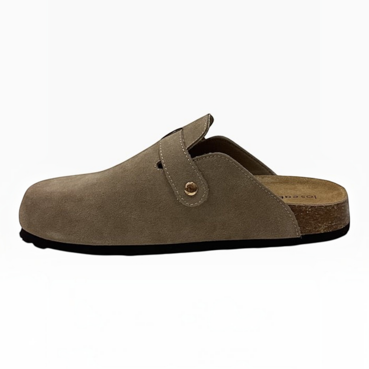The Shoe Shop Bili mule slide in taupe recycled suede with a closed-toe, adjustable buckle, and natural cork footbed.