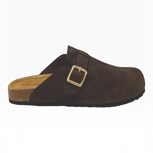 The Shoe Shop Bili mule slide in dark brown recycled suede with an adjustable gold buckle and natural cork footbed.