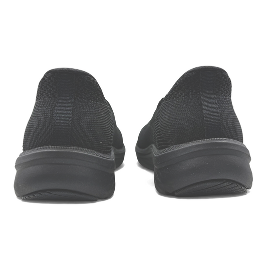 The Shoe Shop black knit Slip-Ins Max Cushioning Lite Aura Mary-Jane sneakers seen from the back heel view.