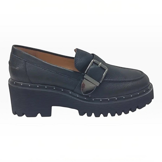 The Shoe Shop Belle Scarpe Ric black pebbled leather loafer with silver buckle, stud trim, and chunky lug platform