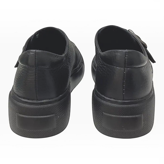 The Shoe Shop Belle Scarpe black pebbled leather Ragdoll loafers with a thick platform sole, rear view.