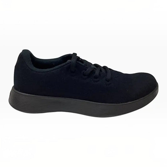 The Shoe Shop Wool Runner sneaker in solid black with a soft Merino wool upper and lightweight cushioned sole.