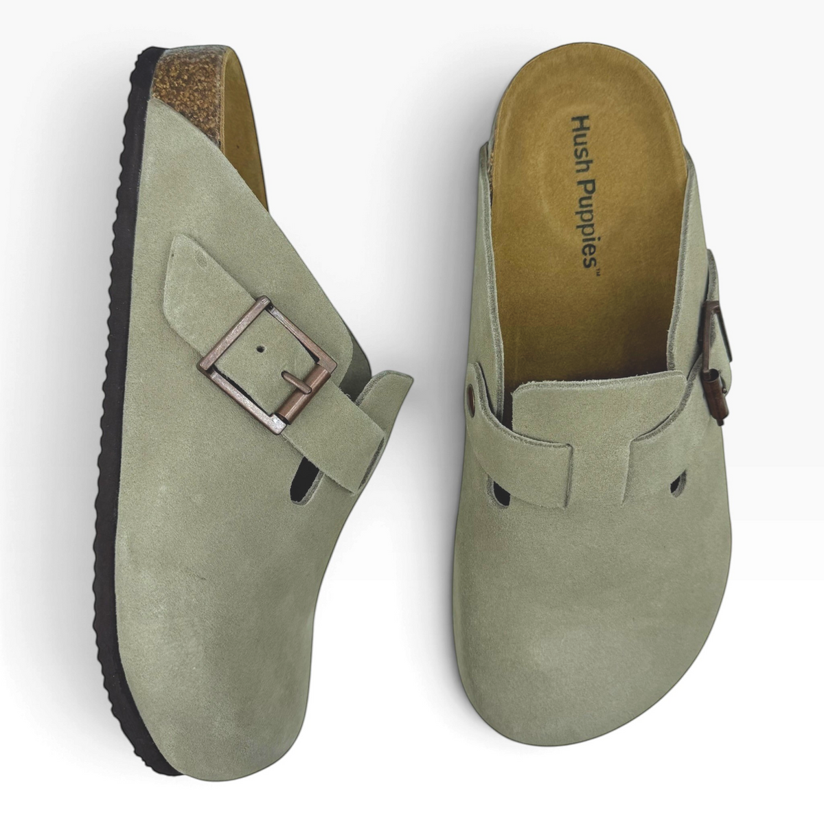 The Shoe Shop Blakely M sage green suede leather mule clogs with adjustable buckle and cork-wrapped memory foam footbed