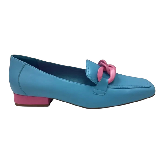 The Shoe Shop Belle Scarpe Roam blue leather loafer with a pink chain detail and a contrast pink low block heel.