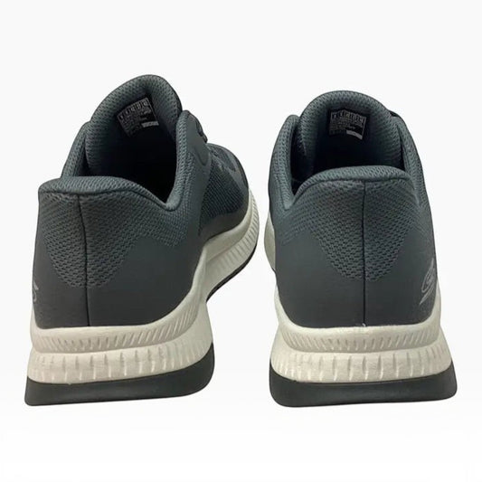 The Shoe Shop BOBS Sport Squad 4 grey mesh slip-on sneakers with white shock-absorbing midsoles, rear view.