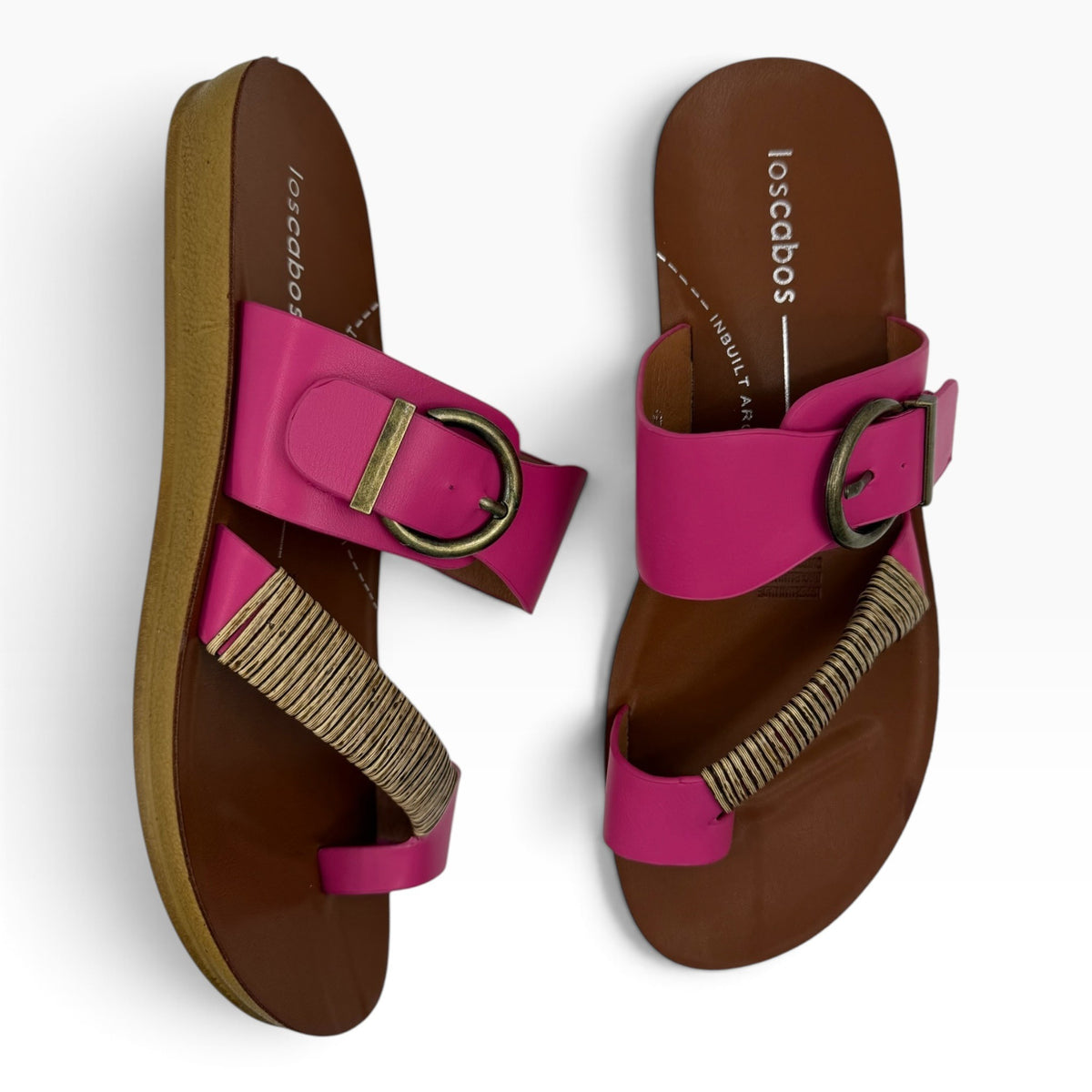 The Shoe Shop Los Cabos Bria pink sandals with bamboo-wrapped toe strap, antique buckle, and 20mm heel.
