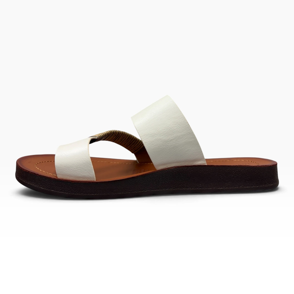 The Shoe Shop Bria Wide slide sandal in white leather with a brown platform sole and side view