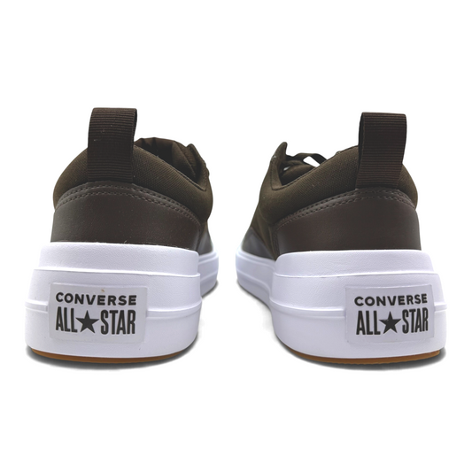 The Shoe Shop Converse All Star brown sneakers featuring a thick white rubber sole and heel pull tab, rear view.