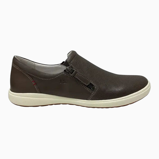 The Shoe Shop Josef Seibel Caren 22 brown leather slip-on shoe with side zip, perforated detail, and white sole.