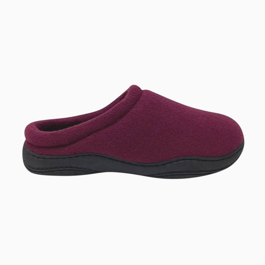 The Shoe Shop Suzie clog slipper in deep burgundy polar fleece with a comfortable black cushioned sole