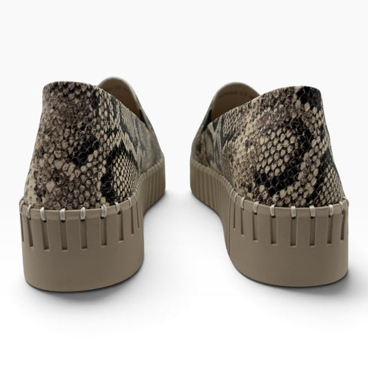 The Shoe Shop Byrona slip-on shoes featuring a snakeskin print upper and a chunky beige platform sole, rear view.