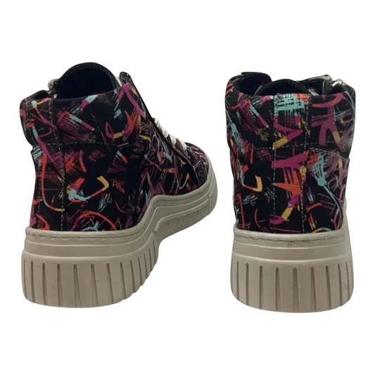The Shoe Shop Cabello Charlie ankle boots featuring a black leather upper with vibrant graphic print and platform sole.