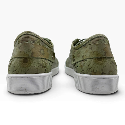 The Shoe Shop Cabello EG17 olive green floral leather sneakers with white rubber soles, back view.