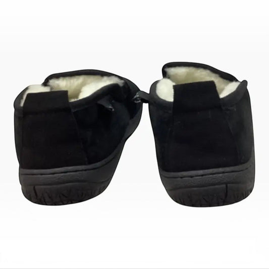 The Shoe Shop Charlie black suede slippers with plush sheepskin lining and durable TPR soles, rear view.
