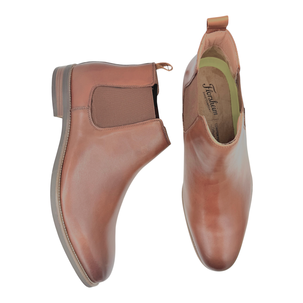 The Shoe Shop Florsheim Coleman cognac leather Chelsea boots with elastic side panels and cushioned footbed.