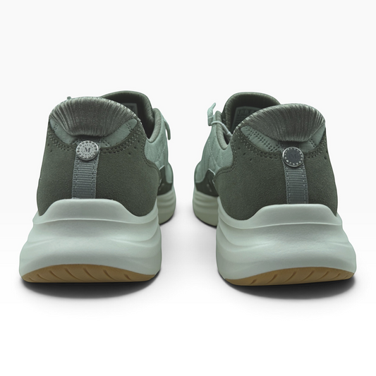 Back view of The Shoe Shop 150645 Contour Foam sneakers in sage green with suede details and a thick foam sole.