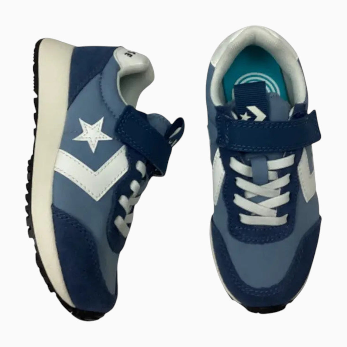 The Shoe Shop Converse Omega youth trainers in blue and white suede with adjustable straps and EVA foam midsoles