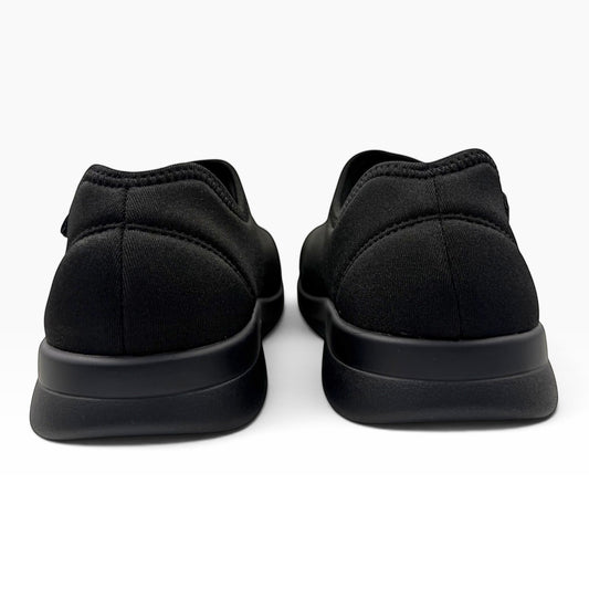 The Shoe Shop Cush n Foot W 2E black orthopedic walking shoes, back view showing cushioned sole and fabric upper