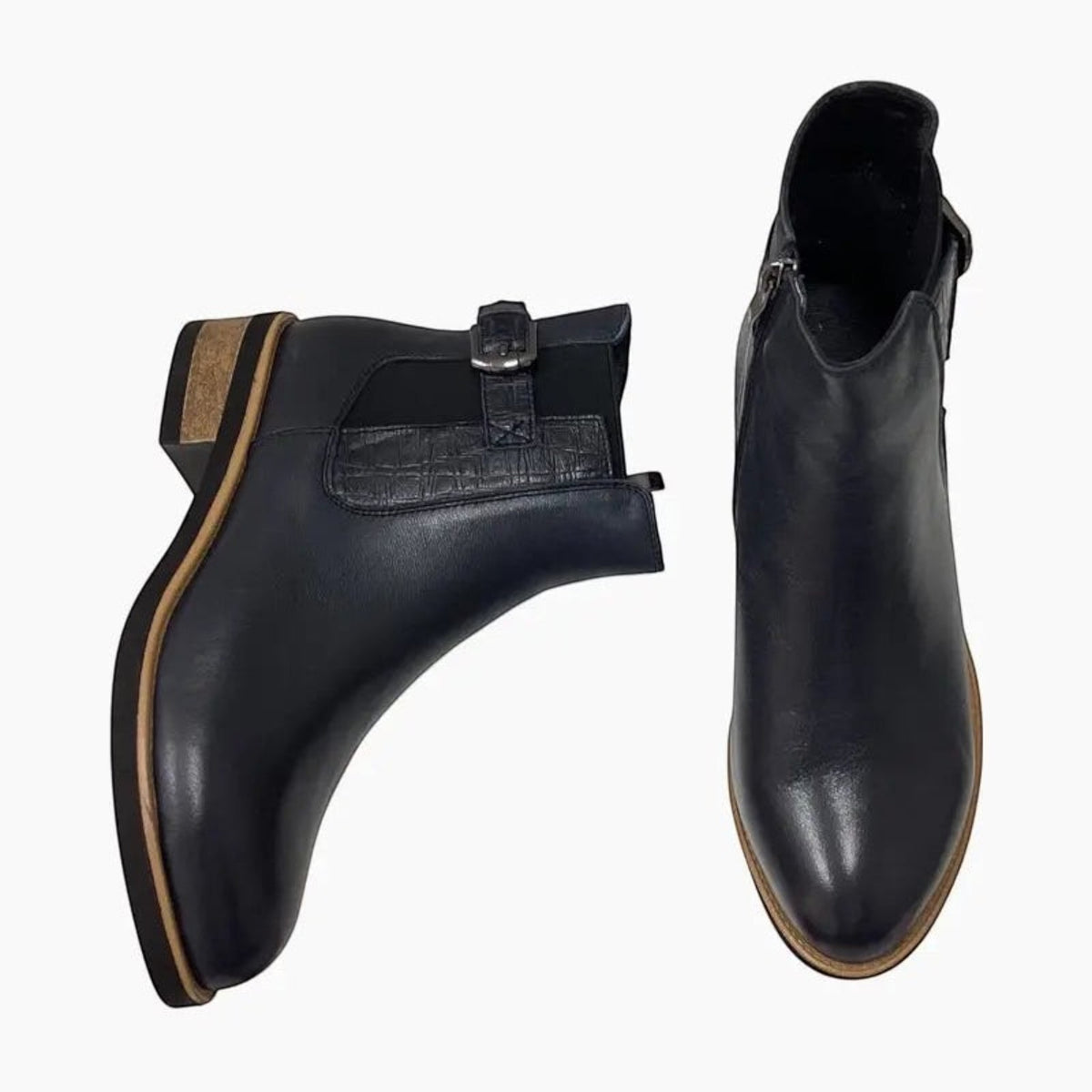 The Shoe Shop Deonte navy leather ankle boots with croc-textured side panels, buckle detail, and stacked heels.