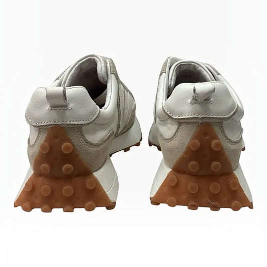 The Shoe Shop Django & Juliette women's white leather and suede sneakers, rear view with gum rubber studded soles.