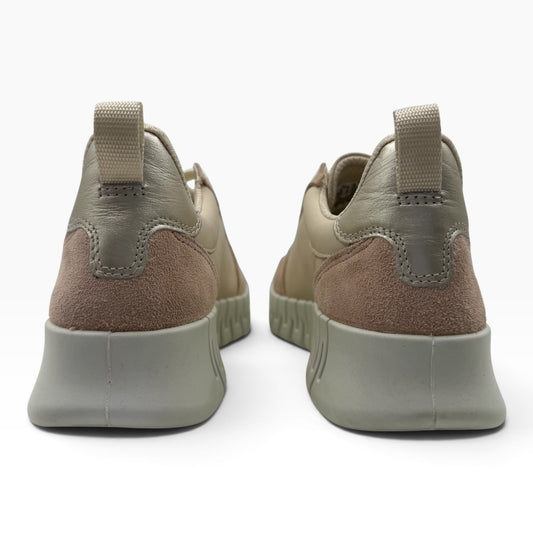 The Shoe Shop Ecco Gruuv walking sneakers in beige leather and suede with a flexible rubber sole, rear view.