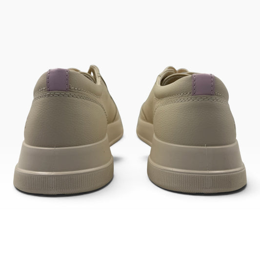 The Shoe Shop Ecco Move beige leather sneakers viewed from the back showing the cushioned sole and lilac heel tab
