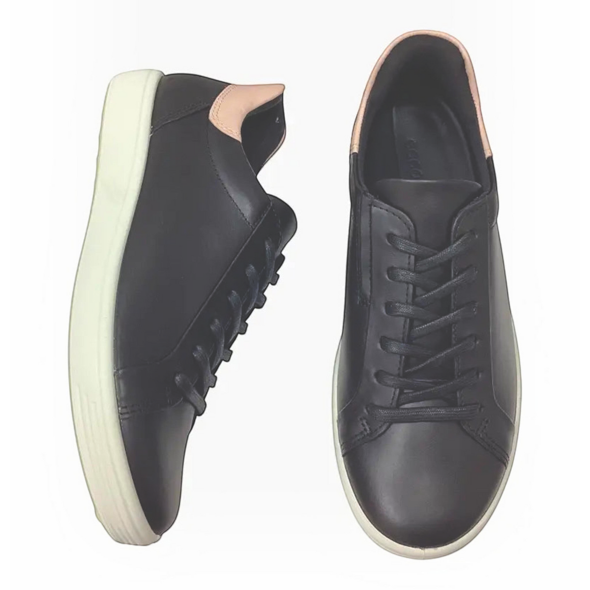 The Shoe Shop Ecco Soft 7 black leather sneakers with a white sole and light pink heel detail