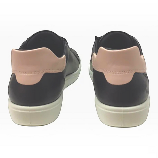 The Shoe Shop Ecco Soft 7 sneakers in black leather with pale pink heel tabs and white soles, rear view.