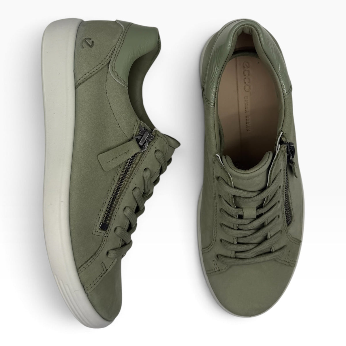 The Shoe Shop Ecco Soft 7 tea green leather sneakers with side zip detail and white rubber soles
