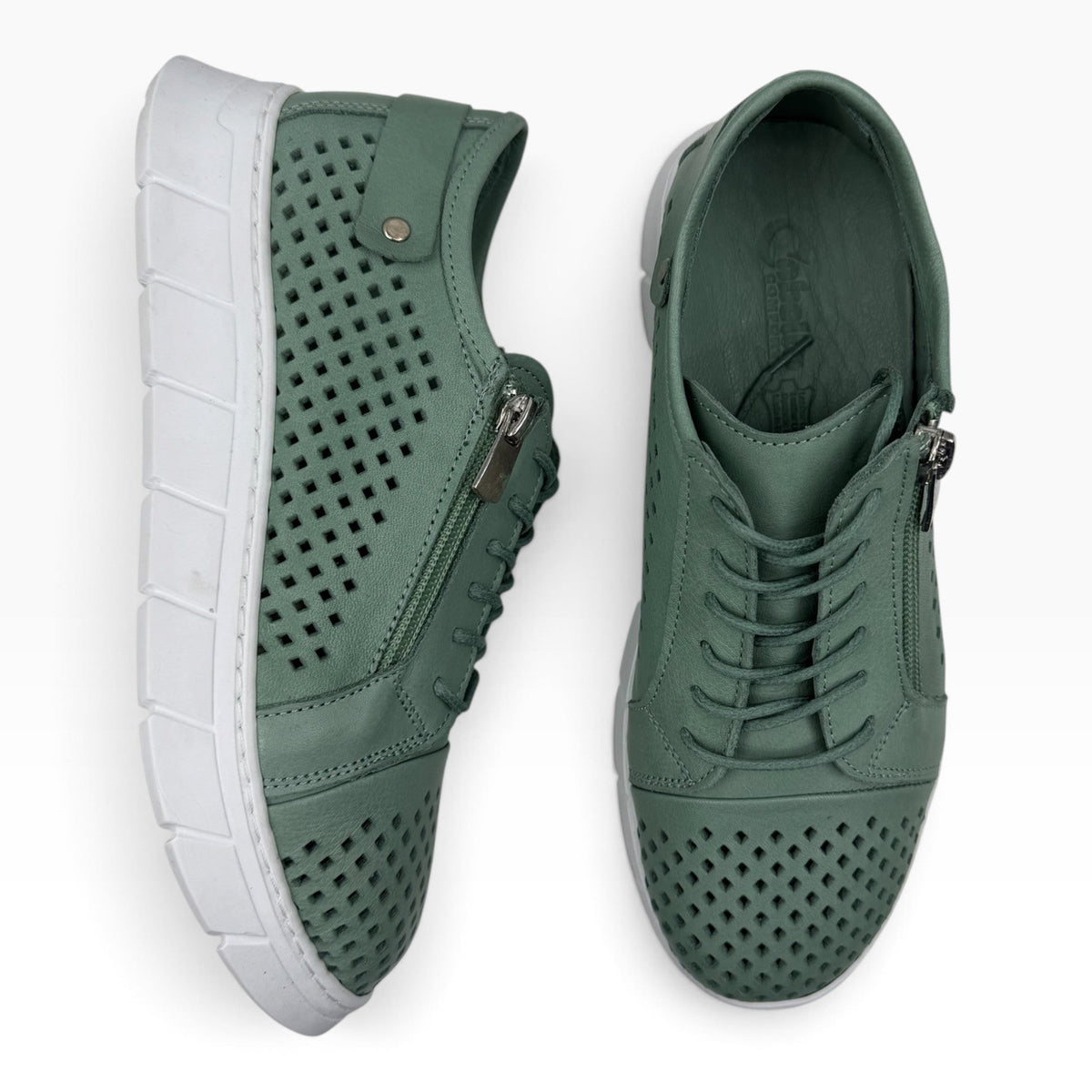 The Shoe Shop EG172 sage green punched leather sneakers with side zip, laces, and a thick white thermo rubber sole.