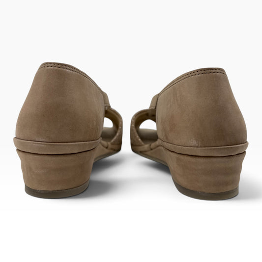 The Shoe Shop Emerald tan suede flat sandals featuring a low wedge heel and back view on a white background.