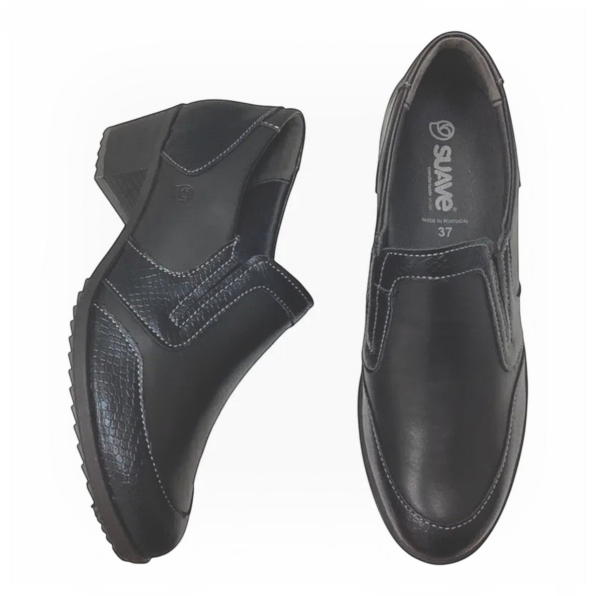 The Shoe Shop Etta black leather block heel shoes with textured side panels and elasticated gore for easy fit.