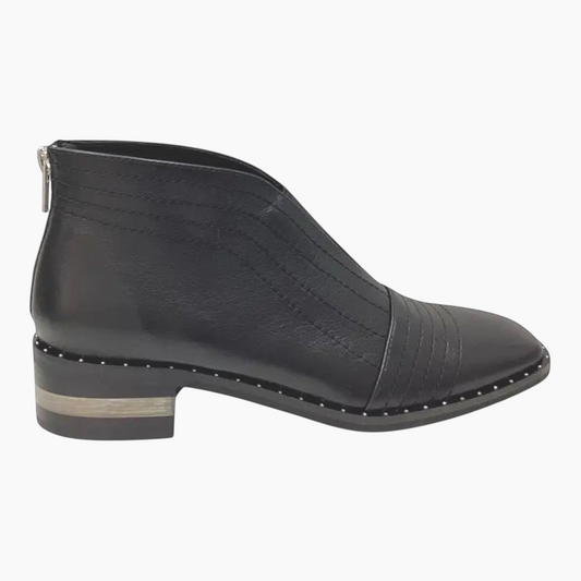 The Shoe Shop Faradays black leather ankle boot with a low block heel, silver stud detailing, and back zip closure.