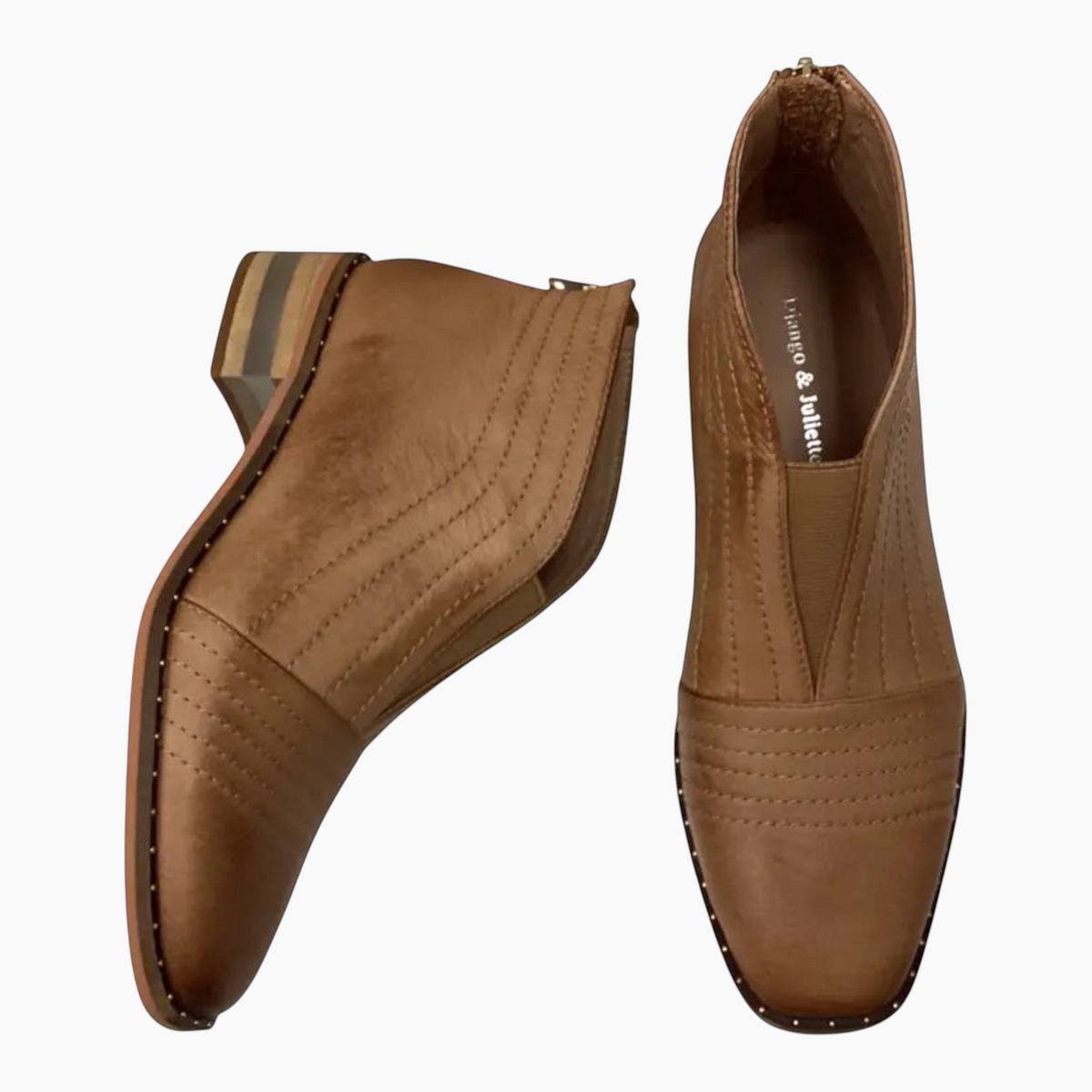 The Shoe Shop Django & Juliette Faradays tan leather ankle boots with stitch detailing and a low stacked heel.