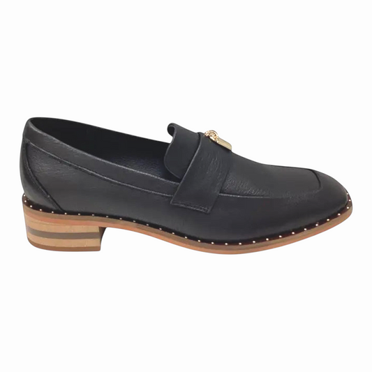 The Shoe Shop Fillipia black leather loafer with square toe, studded detailing, and a low stacked heel.