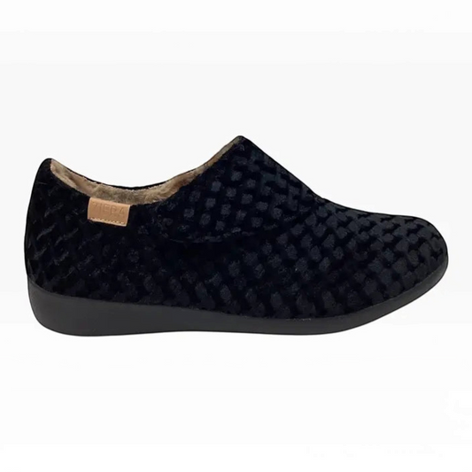 The Shoe Shop Fliss XW black textured fabric slipper with cosy lining and extra wide fit for arch support